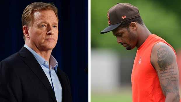 Headshots of Roger Goodell and Deshaun Watson